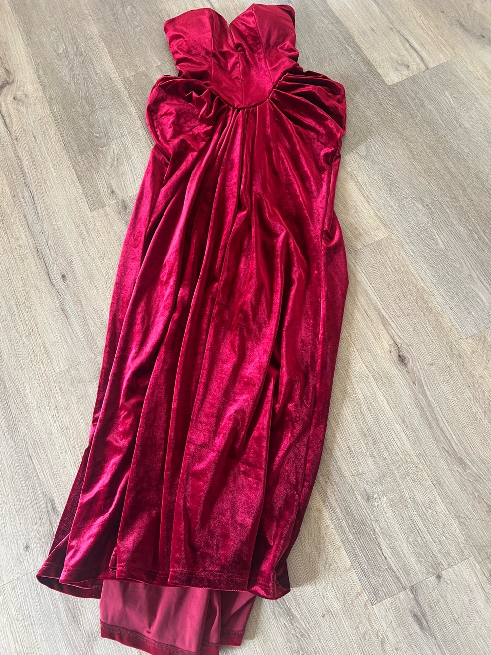Fashion Nova Strapless Velvet Maxi Dress in Wine Red